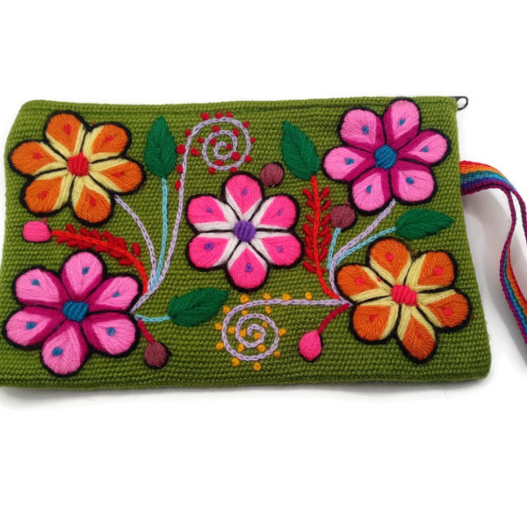 Multicolored Flowers Wool Woven Cosmetic Bag